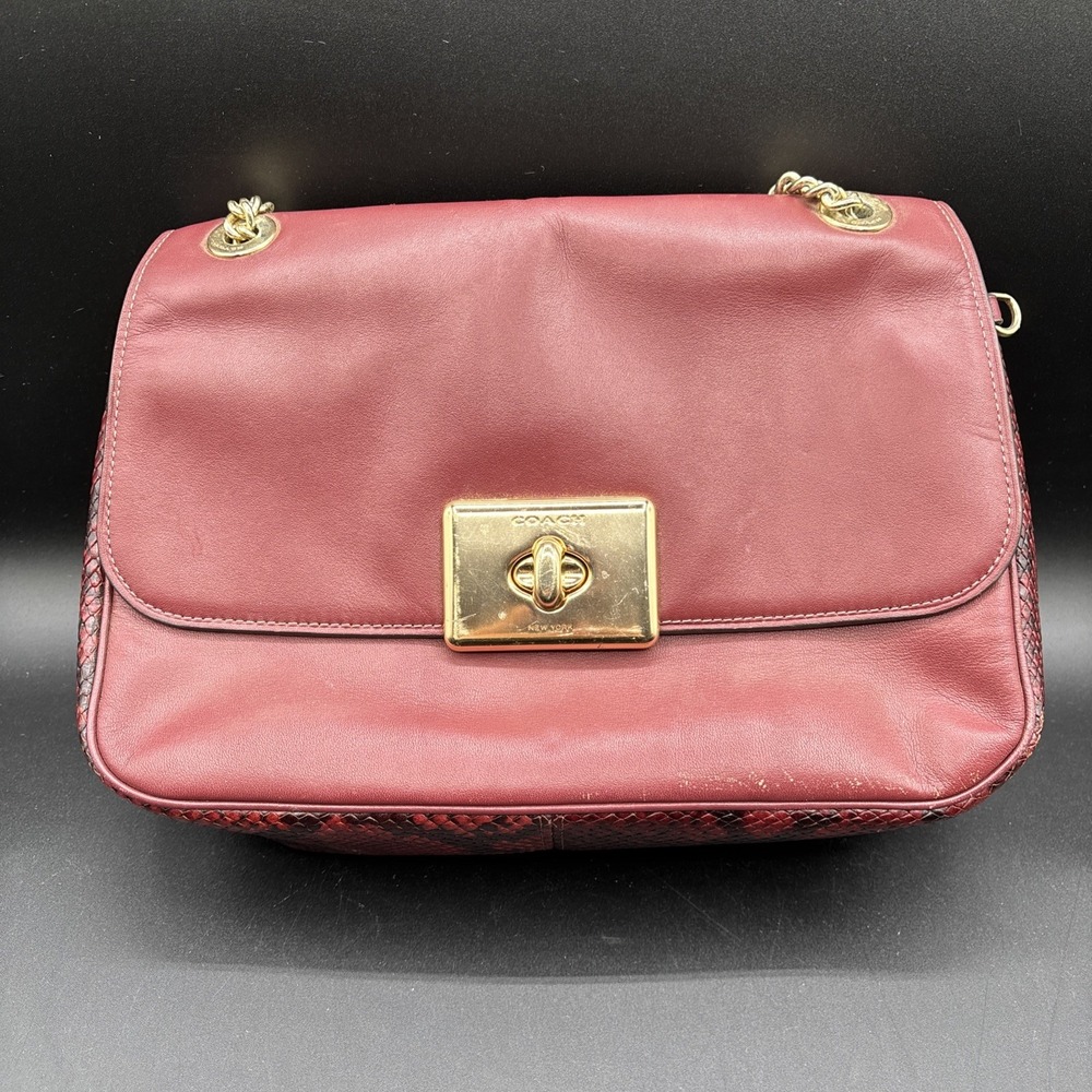 COACH Cassidy Flap Crossbody Bag Wine Red Snake Print 48627 Leather Large